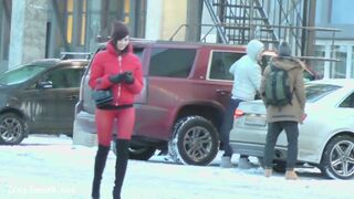 Red Tights. Jeny Smith Public Walking in Constricted Red Hose (no Pants) - 4 image