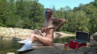 Outdoor Creek Masturbation with Flogger, Wooden Massager, and Stacker two Energy Gulp can - 6 image