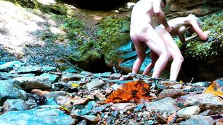 WATERFALL OUTDOOR - Romantic CARNAL PEGGING - Switch - HARD double penetration ARDENT POUNDING! Stand Lift FUCK - 15 image