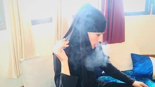 Barefaced Muslim Cutie Masturbating, Smokin', Inserting the Cigarette to Cum-Hole on the Balcony - 7 image