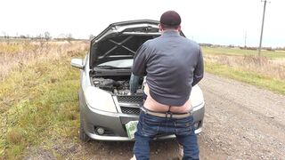 Random passerby lad helped to repair car DuBarry and stuffed doggy style on hood auto. Sex in public - 12 image
