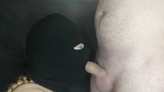 Woman sucks soaked cock of her masked boyfriend! Cum out of taking it out! - 2 image