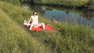 Wild beach. Hot mother I'd like to fuck Platinum nude sunbathing on river bank, random fisherman man watches. Undressed in public. Exposed beach - 11 image