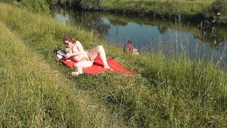 Wild beach. Hot mother I'd like to fuck Platinum nude sunbathing on river bank, random fisherman man watches. Undressed in public. Exposed beach - 12 image