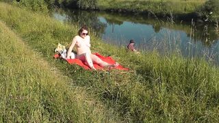 Wild beach. Hot mother I'd like to fuck Platinum nude sunbathing on river bank, random fisherman man watches. Undressed in public. Exposed beach - 3 image