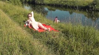 Wild beach. Hot mother I'd like to fuck Platinum nude sunbathing on river bank, random fisherman man watches. Undressed in public. Exposed beach - 6 image