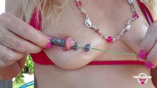 nippleringlover excited mother i'd like to fuck inserting lavender throughout way-out stretched pierced nipps close up - 9 image