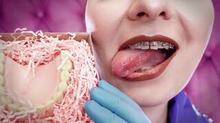 ASMR: eating food with braces, blue nitrile gloves fetish (SFW movie scene) Arya Grander - 2 image