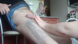a fat woman naked jerks off my cock to a cumshot in the kitchen - 5 image