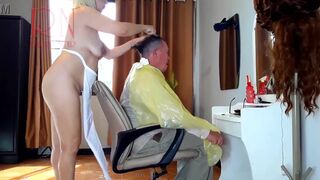 Nudist barbershop. Nude lady hairdresser in an apron. Security camera. The client is surprised. 2 3 - 10 image