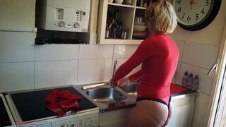 Slutty Nymphomaniac Mother-In-Law, Cleans In Lingerie To Tease Her Stepson. - 3 image