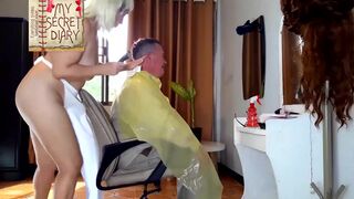 Compilation. Nudist barbershop. Nude lady hairdresser in an apron makes client to strip. Naked barber. L6 - 13 image