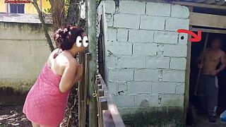 Shower doesn't work, married woman asks the farm's caretaker for help using just a towel and pays with sex - 1 image