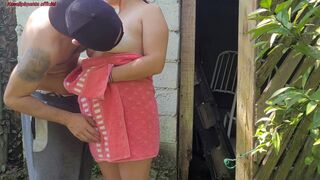 Shower doesn't work, married woman asks the farm's caretaker for help using just a towel and pays with sex - 10 image