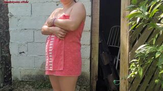 Shower doesn't work, married woman asks the farm's caretaker for help using just a towel and pays with sex - 6 image