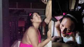 MILF giving a blowjob on the balcony, cum in the mouth and she swallow all the semen from the stranger. (POV & Viewer Cam)