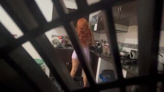 I HIDE TO SEE MY STEPMOM'S PERVERT WITH A HUGE ASS WHILE SHE MASTURBATES STANDING IN THE KITCHEN - 4 image