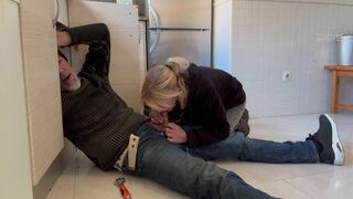 BLOWJOB TO THE PLUMBER IN MY KITCHEN - HOT WIFE - 6 image