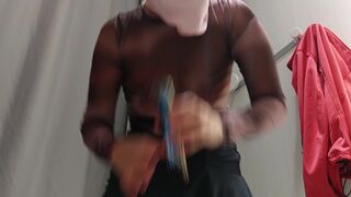 Amateur wife trying on clothes. hairy pussy, sexy brunette, big ass, sexy clothes, panties, socks, shorts, pantyhose - 6 image