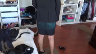 Beautiful stepmother dresses to go fuck, comes back and undresses, still aroused.