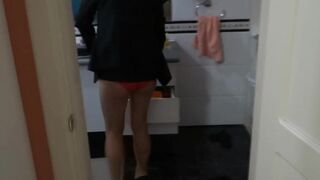 Beautiful stepmother dresses to go fuck, comes back and undresses, still aroused.