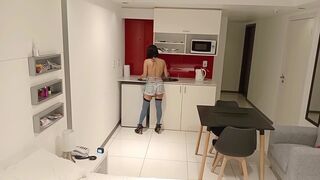 spying on stepmother while she cleans the house, brunette, Latina, big ass, busty.