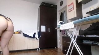 Amateur wife cleans the house naked, hairy pussy, big tits, big ass.