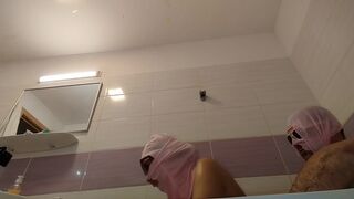 Amateur couple takes a bath, wife with hairy pussy, big ass, big tits.