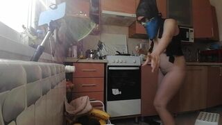 Sexy mom makes breakfast, hairy pussy, big tits. Sexy woman clears out the house, hairy, big ass.
