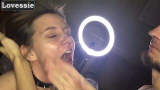 Watch Lovessie, the submissive MILF with a stunning face, take a deep throat pounding from a massive cock - 1 image