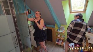 French MILF gets her tight pussy drilled hard by young stud with a dildo in the bathroom - 1 image