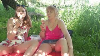 Lesbians public: Two MILFs with panties and ice cream, kissing and eating each other's puffy pussy lips outside