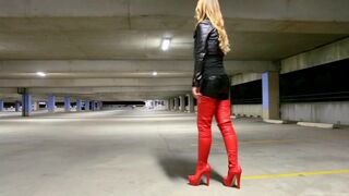 blond in leather panties and red leather boots - 6 image